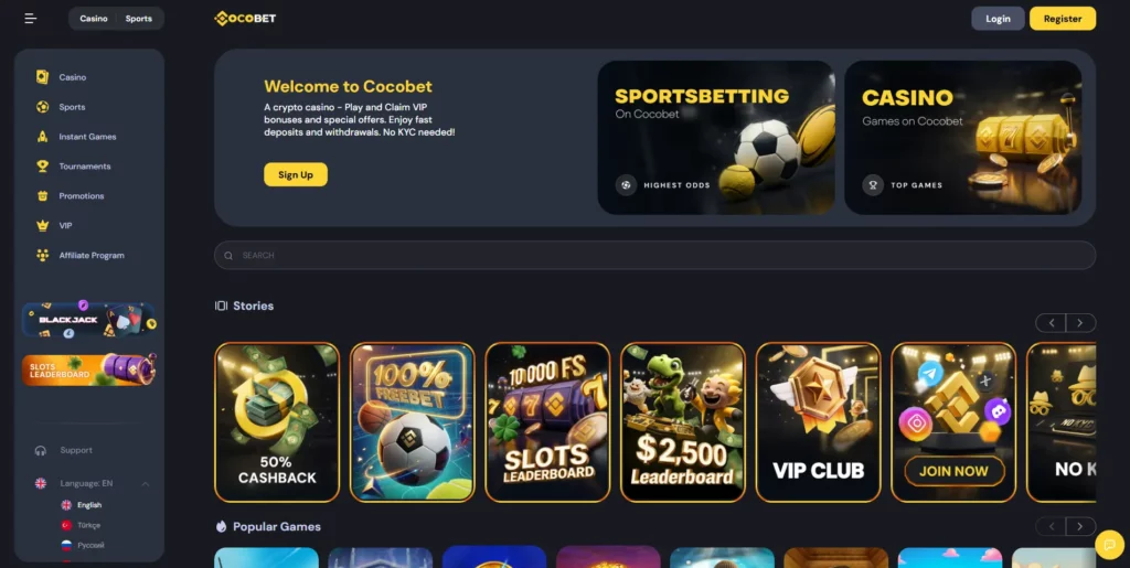 CocoBet crypto casino interface displaying game selection grid