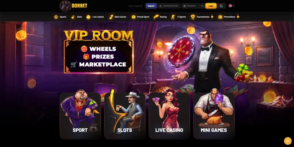 DonBet casino and sportsbook interface featuring Italian mafia mascot Don