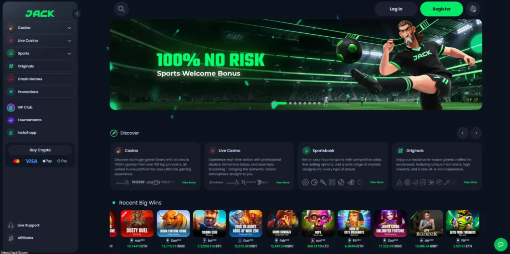 JACK casino interface showing sportsbook and casino navigation tabs