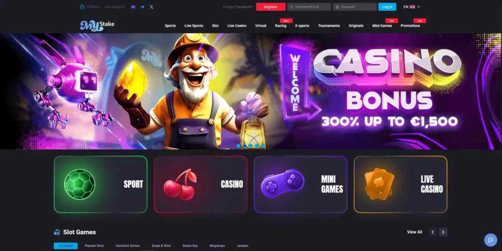 MyStake casino lobby showing game categories and navigation menu